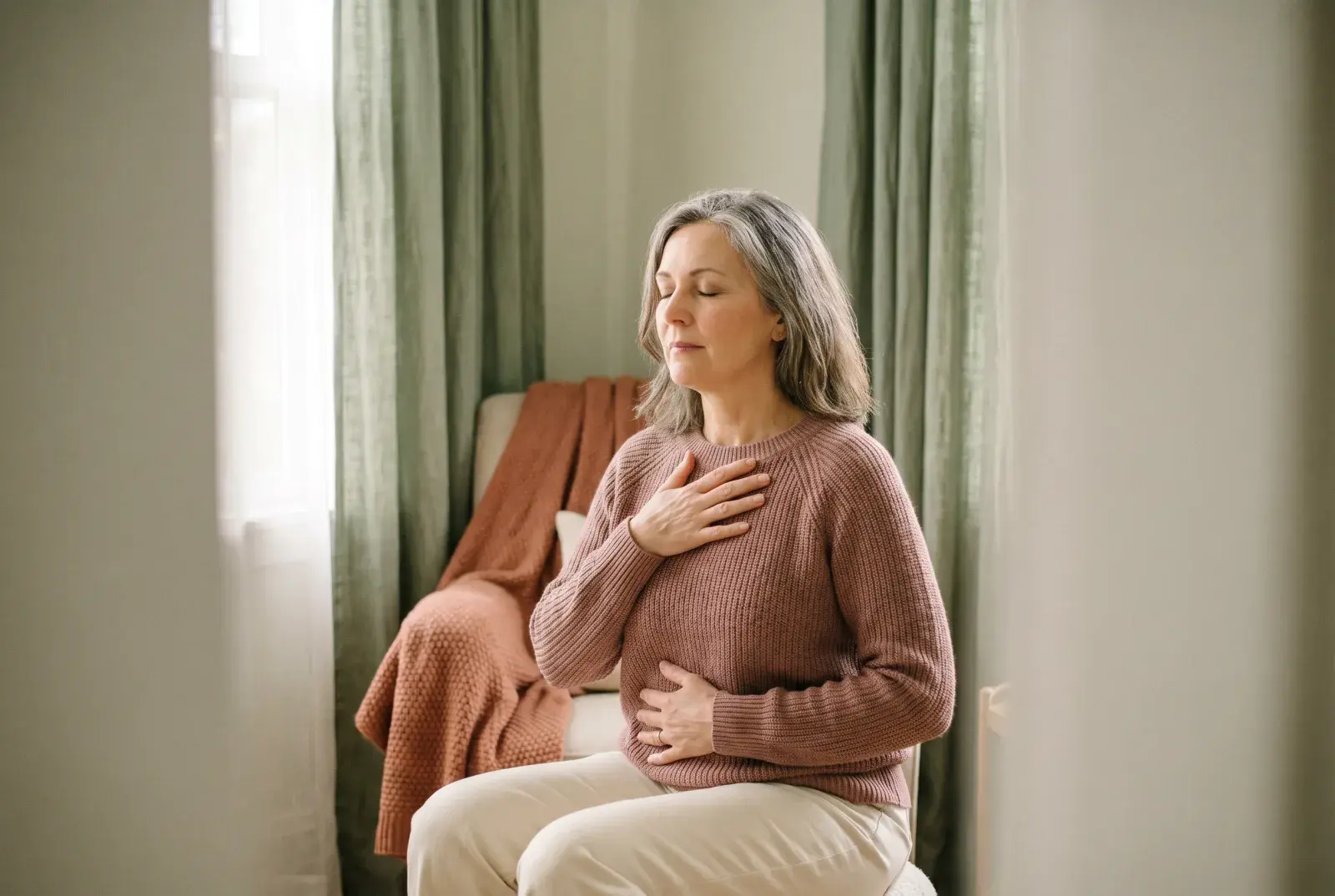 A woman breathing deeply with her hands on her chest and belly