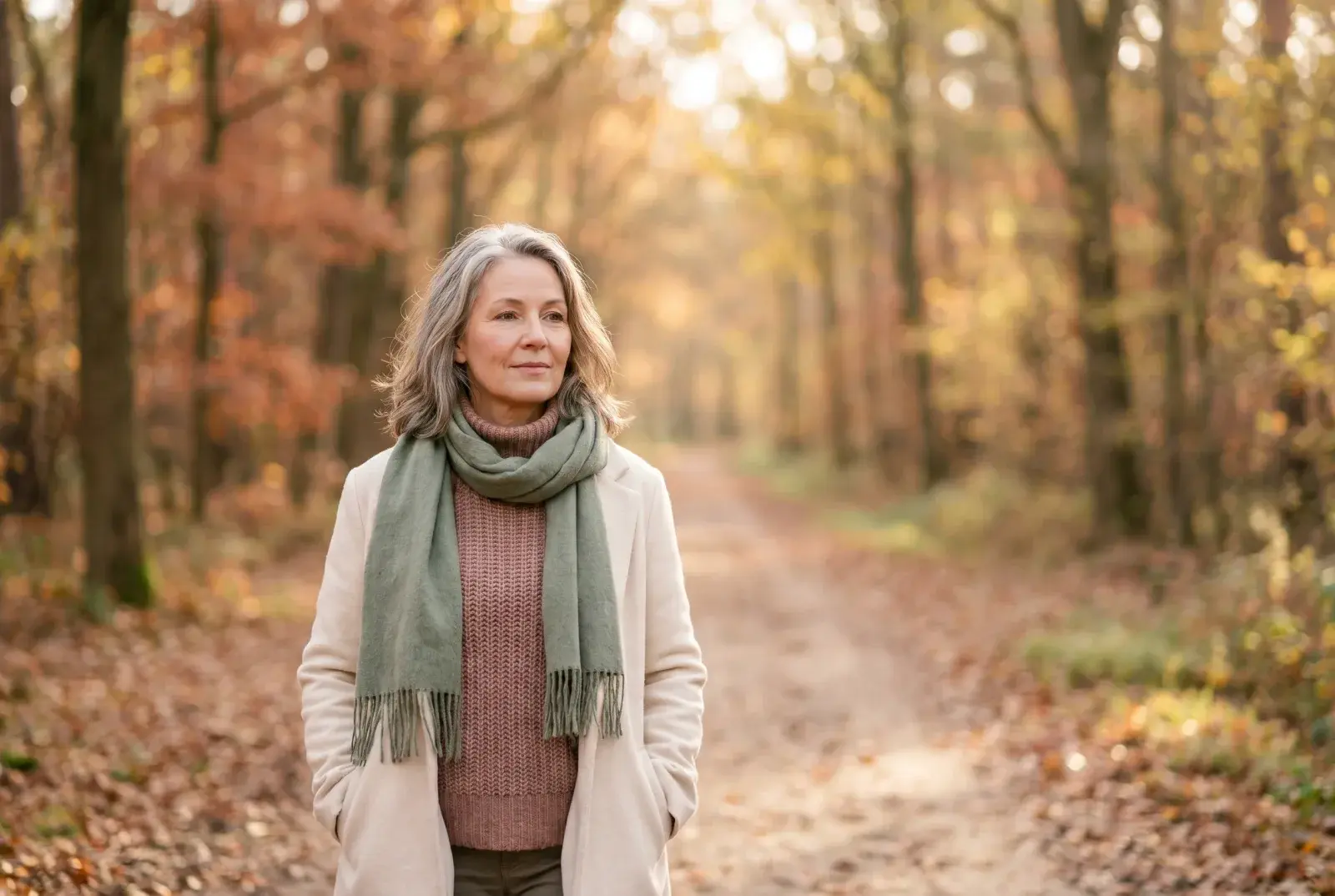 A woman walking alone on a quiet tree-lined autumn path