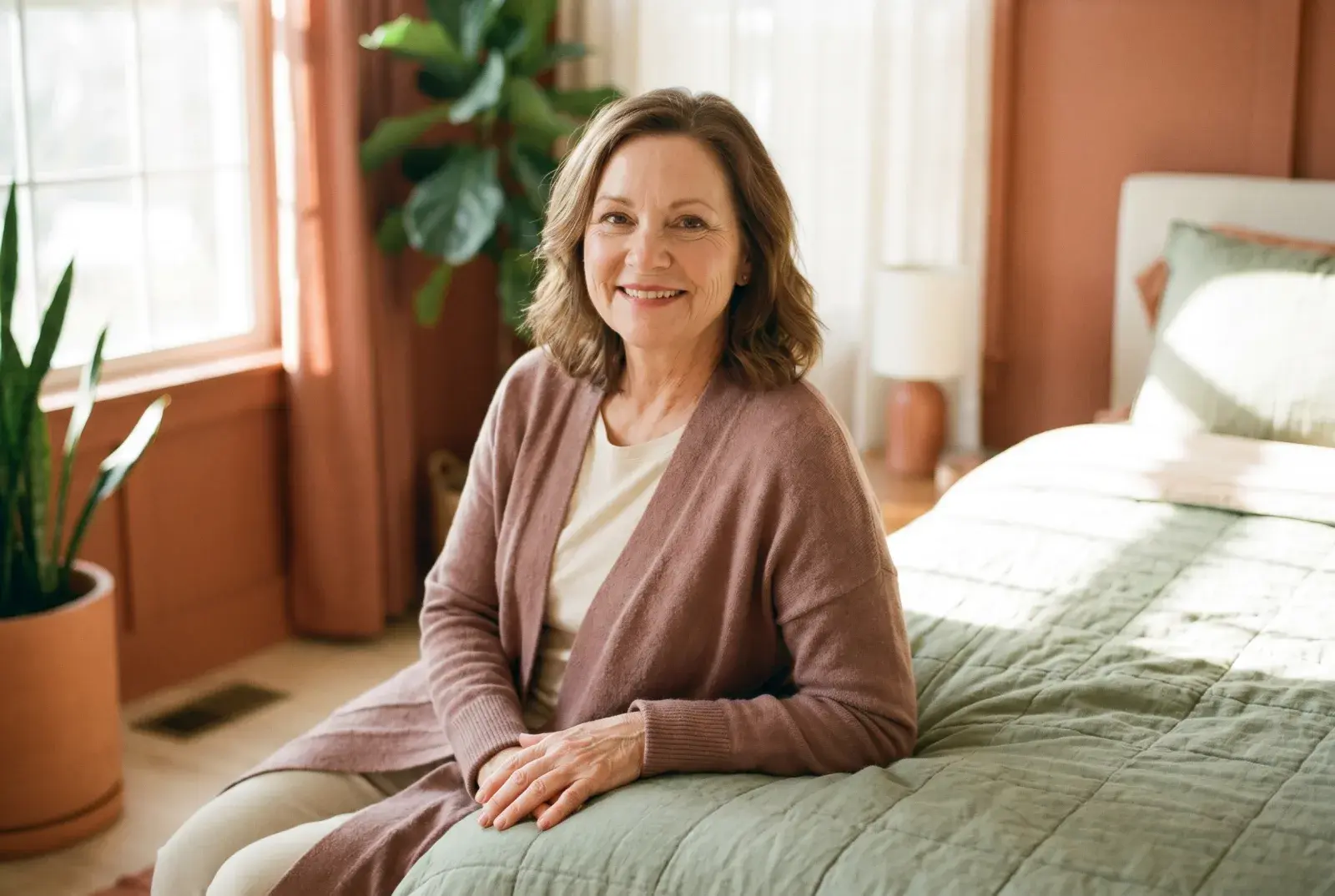 A woman sitting by a window in soft, hopeful light