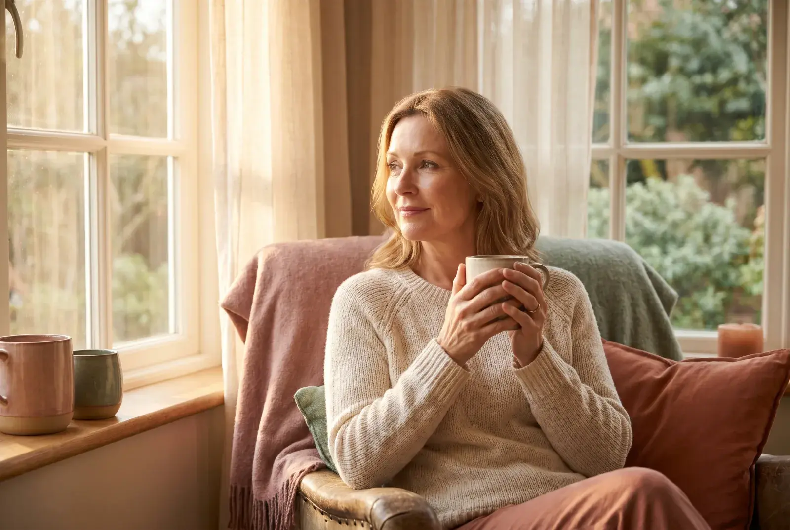 A woman gazing out a sunlit window holding a warm mug