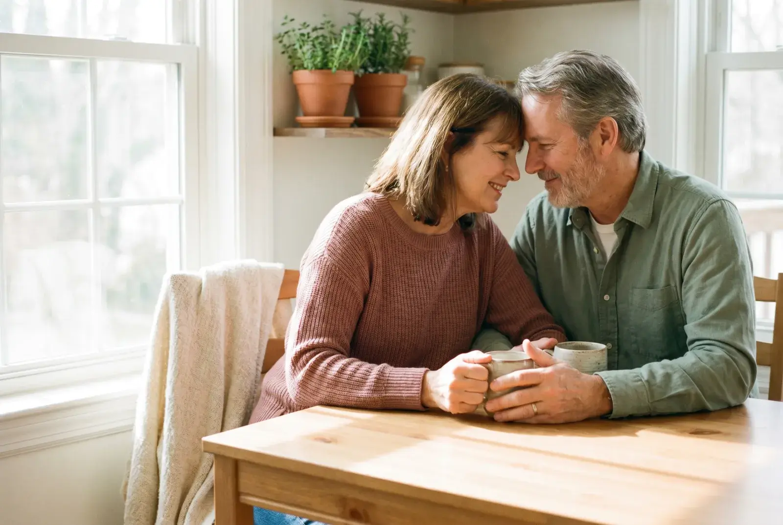 A couple in their fifties sharing coffee at a sunlit kitchen table