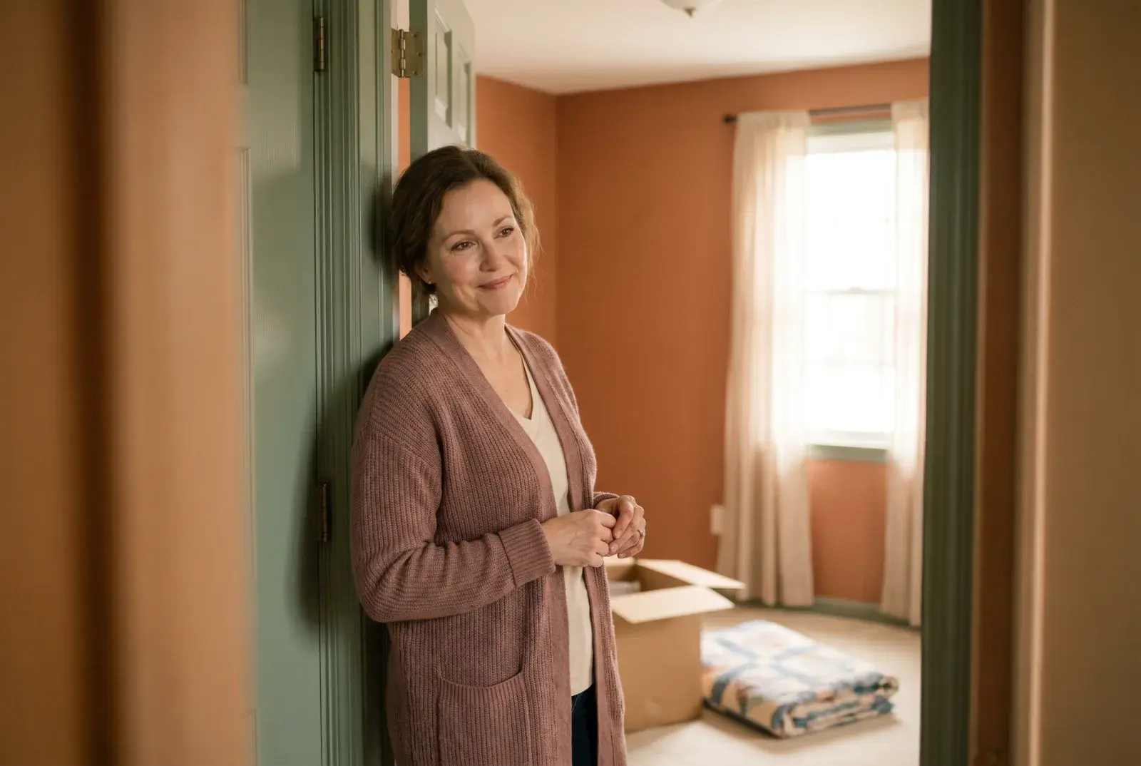A woman in her fifties standing in the doorway of her grown child's empty bedroom