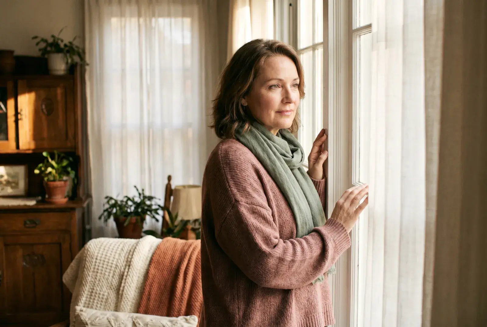 A woman turning from gentle shadow toward warm window light