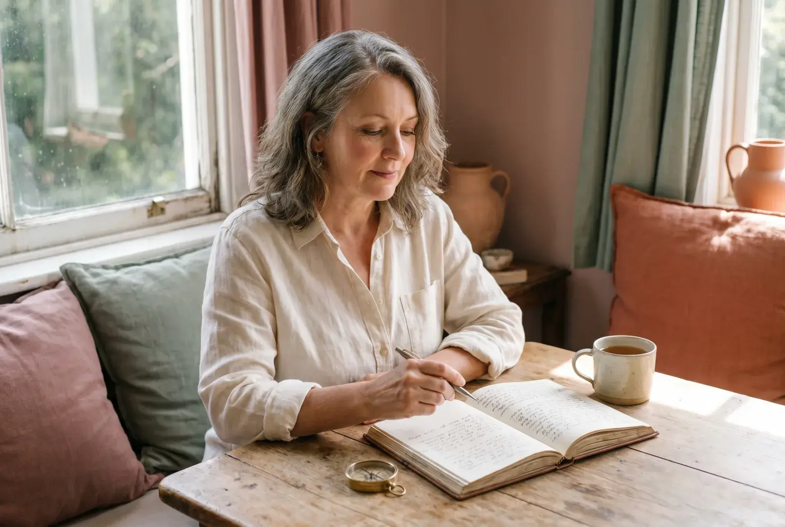 A woman writing in a journal beside a small compass by a window