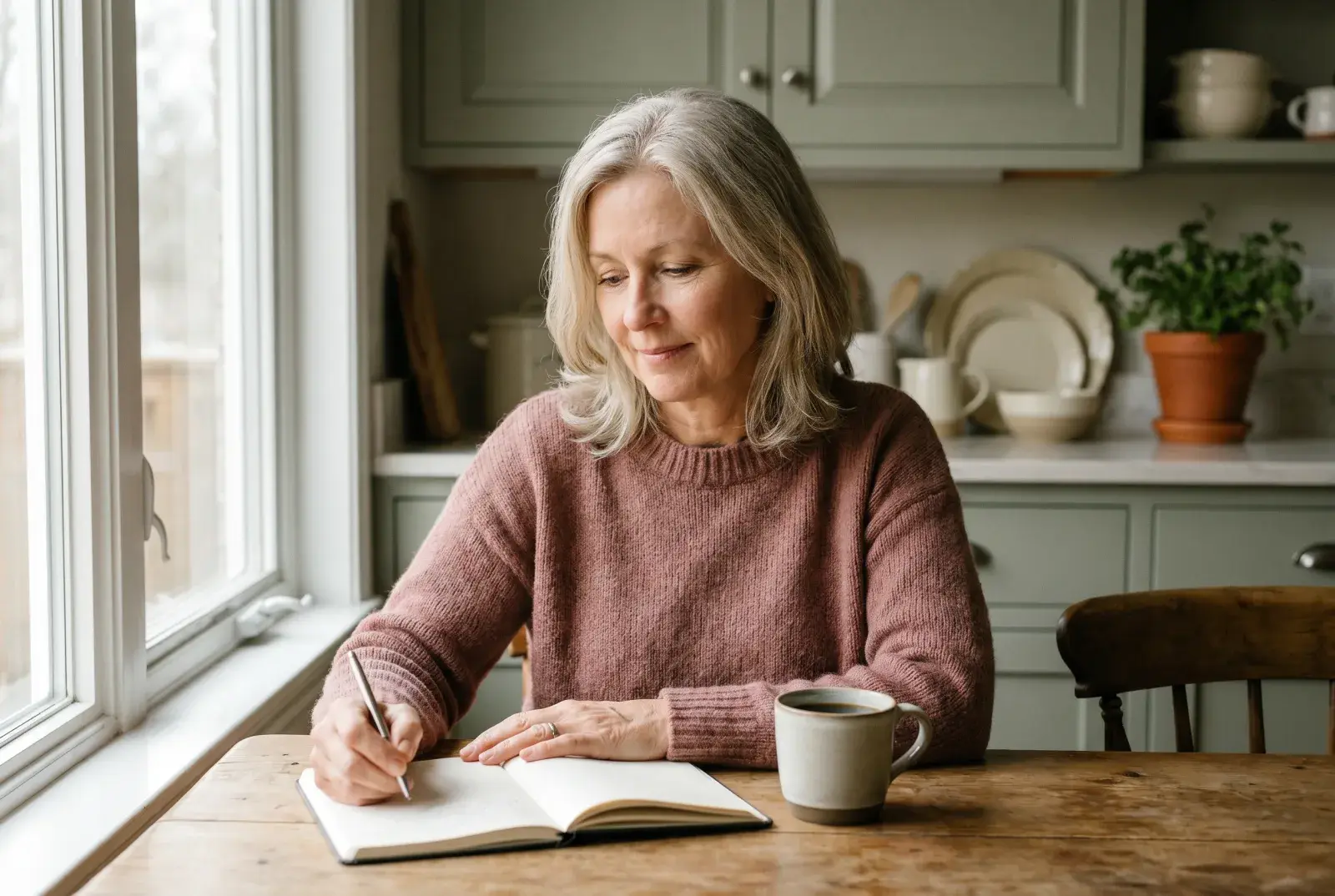 A woman journaling with a cup of tea in soft morning light