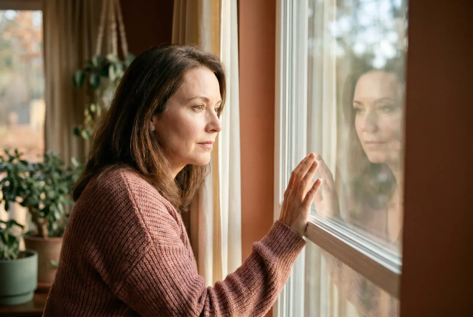 A woman gazing softly at her reflection in a sunlit window