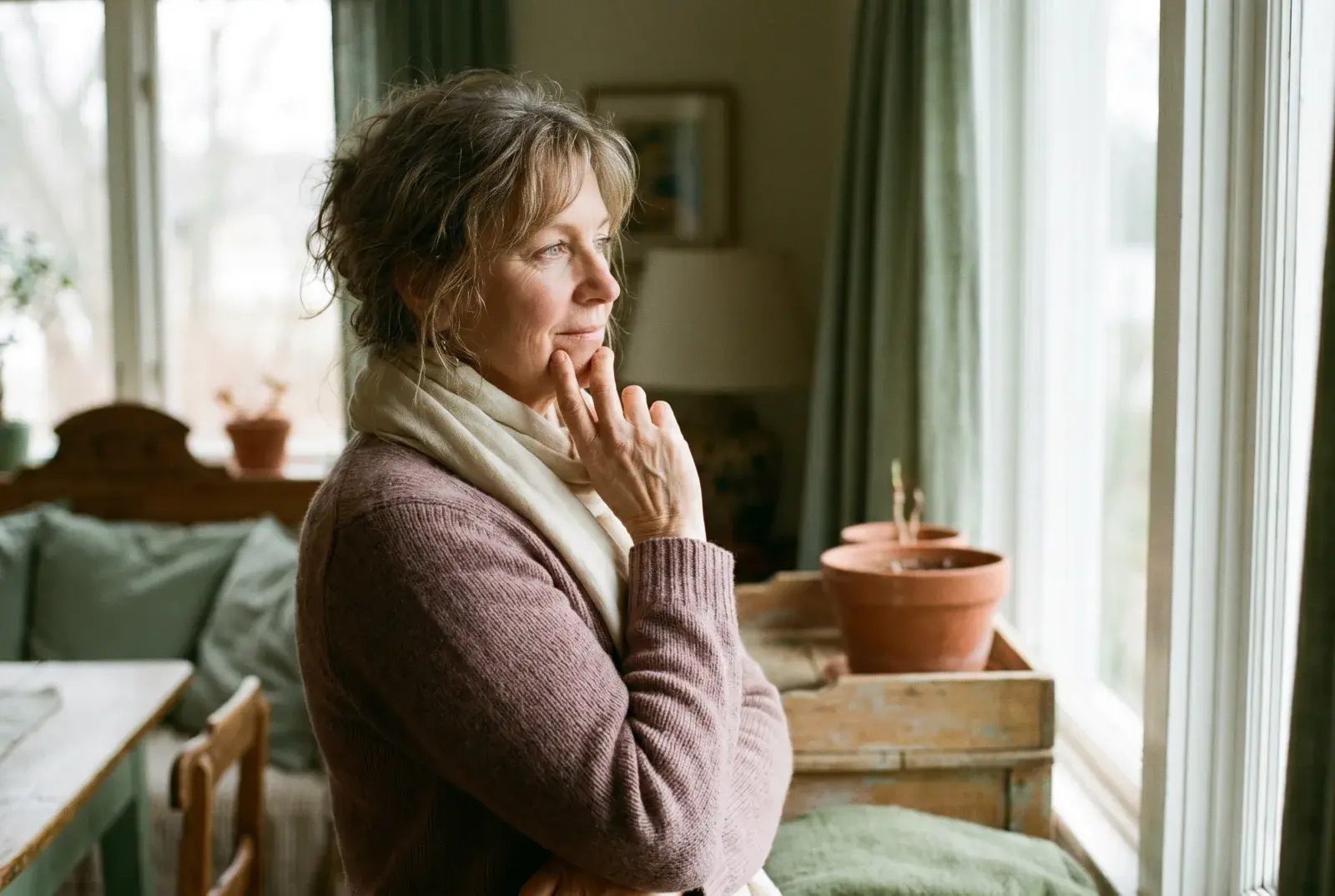 A woman pausing thoughtfully at a window in warm light