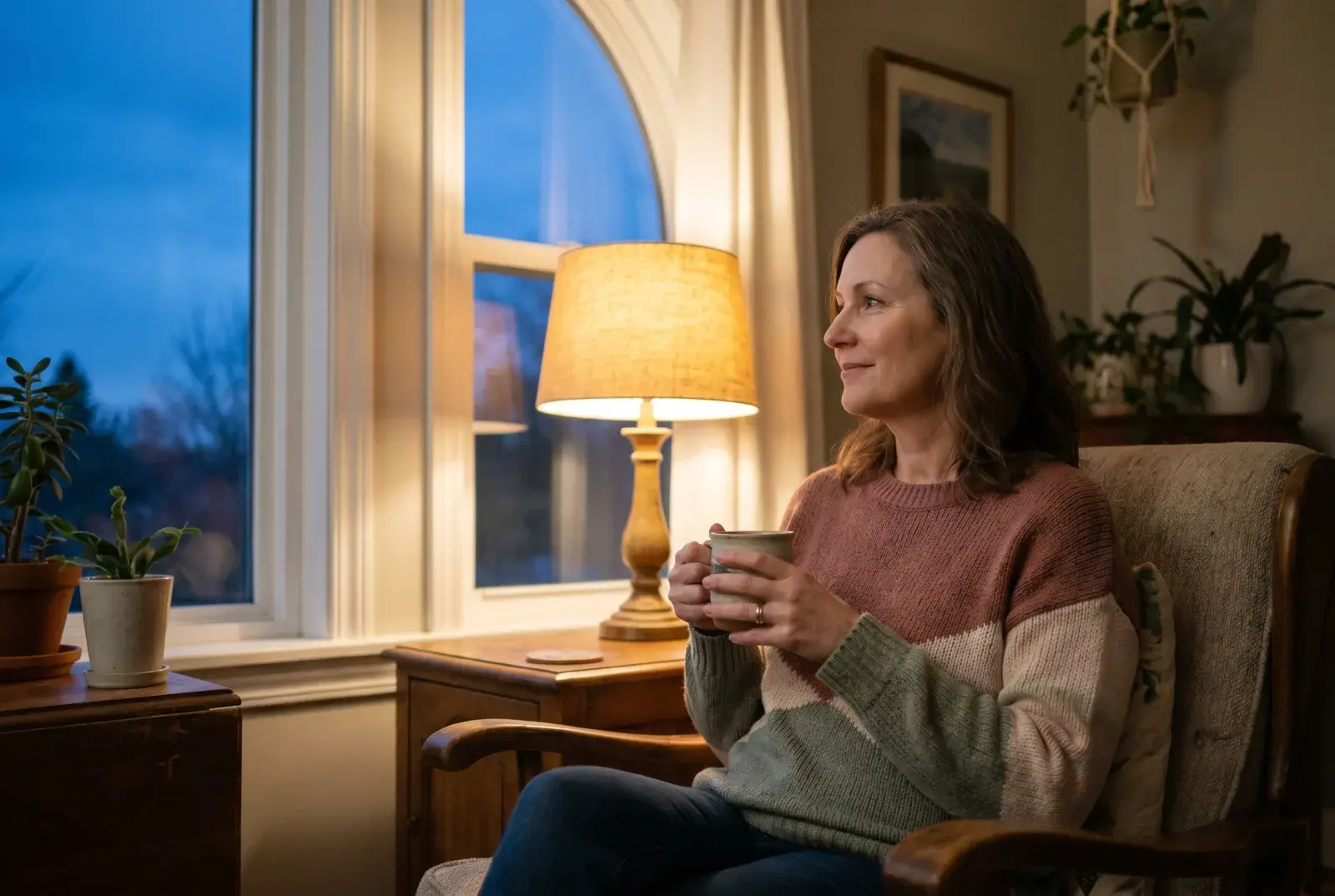 A woman sitting alone by a window at dusk beside a warm lamp