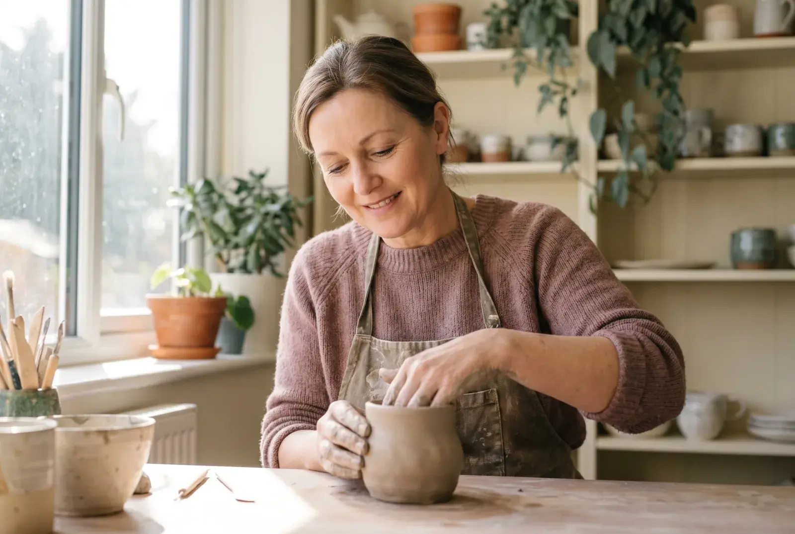 A woman shaping clay at a bright pottery studio table