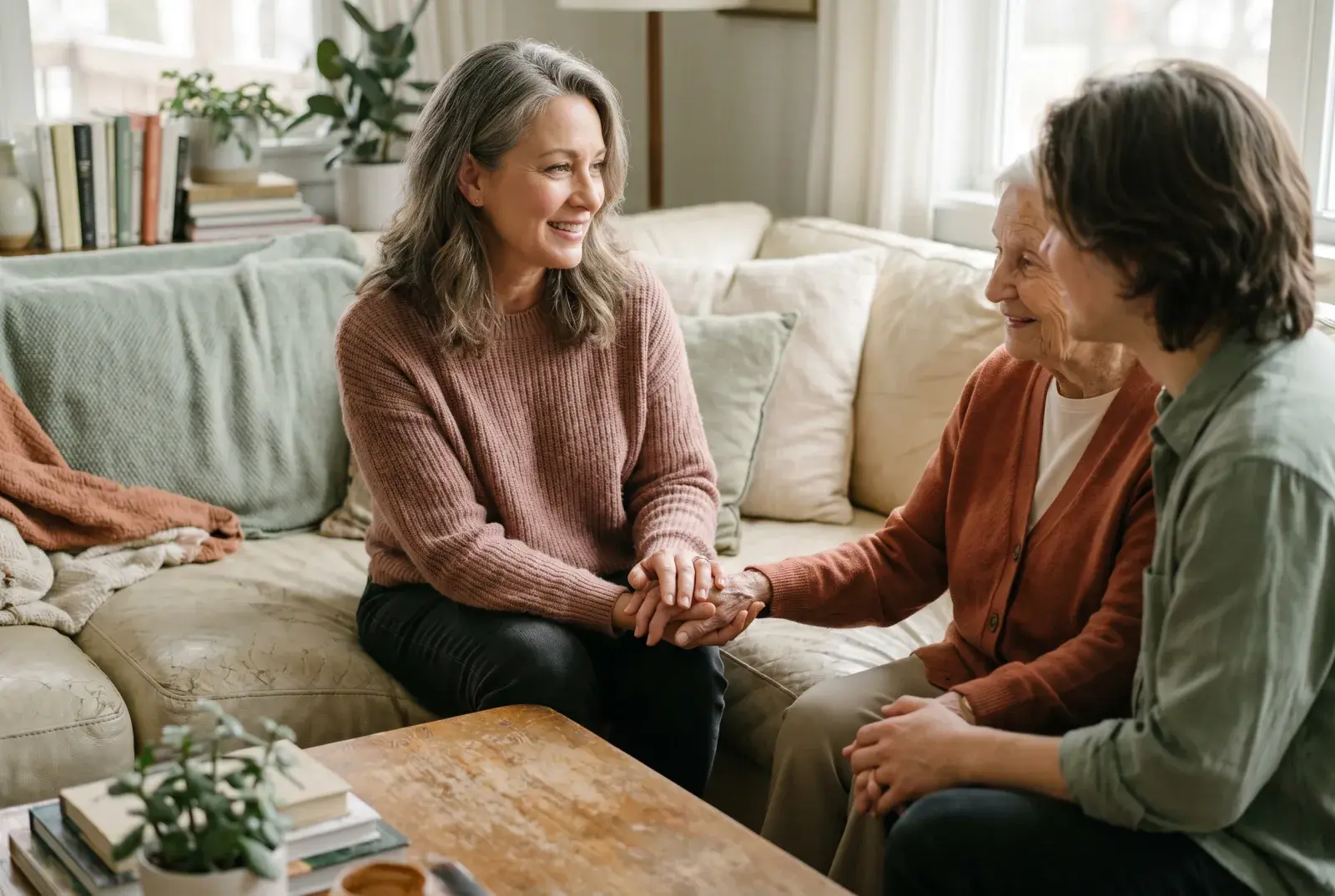 A woman tenderly holding the hand of an elderly parent
