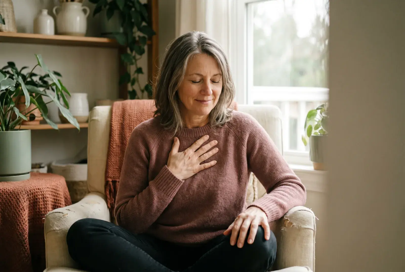 A woman resting a hand over her heart with eyes softly closed