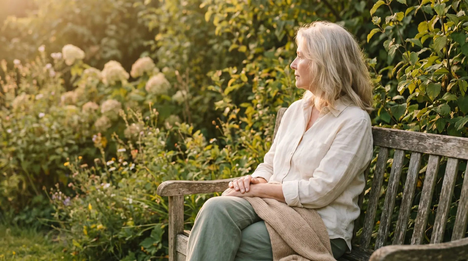 A woman sitting alone in a sunlit garden